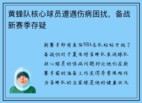 黄蜂队核心球员遭遇伤病困扰，备战新赛季存疑