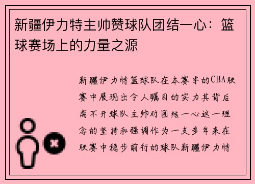 新疆伊力特主帅赞球队团结一心：篮球赛场上的力量之源