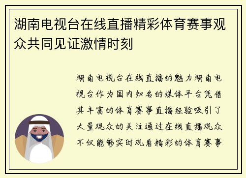 湖南电视台在线直播精彩体育赛事观众共同见证激情时刻